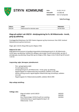 Klage På Vedtak I Sak 109/19 - Detaljregulering for Fv