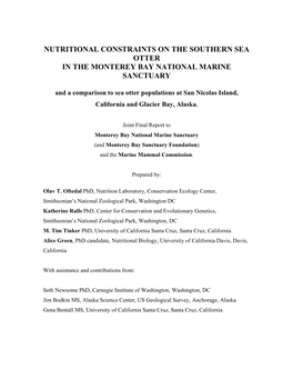 Nutritional Constraints on the Southern Sea Otter in the Monterey Bay National Marine Sanctuary