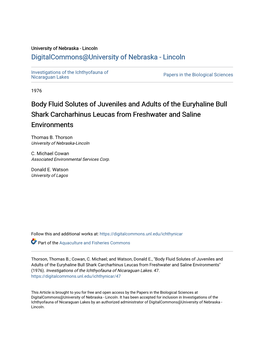 Body Fluid Solutes of Juveniles and Adults of the Euryhaline Bull Shark Carcharhinus Leucas from Freshwater and Saline Environments