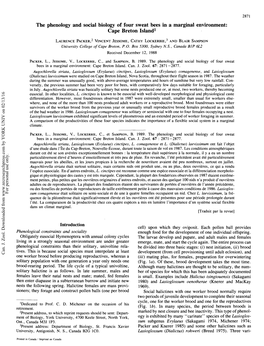 The Phenology and Social Biology of Four Sweat Bees in a Marginal Environment: Cape Breton Island1