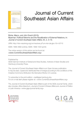 Myanmar: Political Reforms and the Recalibration of External Relations, In: Journal of Current Southeast Asian Affairs, 34, 2, 3–19