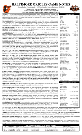 BALTIMORE ORIOLES GAME NOTES Oriole Park at Camden Yards  333 West Camden Street  Baltimore, MD 21201