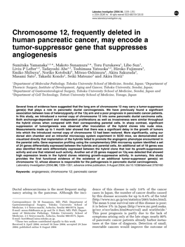 Chromosome 12, Frequently Deleted in Human Pancreatic Cancer, May Encode a Tumor-Suppressor Gene That Suppresses Angiogenesis