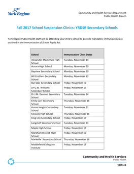 Fall 2017 School Suspension Clinics: YRDSB Secondary Schools