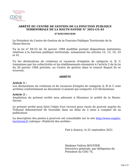 Arrêté Du Centre De Gestion De La Fonction Publique Territoriale De La Haute-Savoie N° 2021-Ce-30