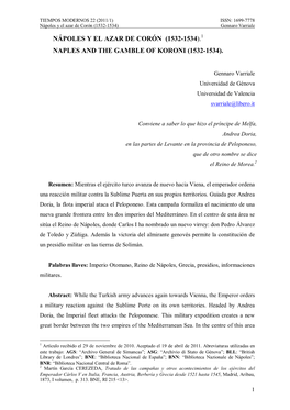 Nápoles Y El Azar De Corón (1532-1534).1 Naples and the Gamble of Koroni (1532-1534)