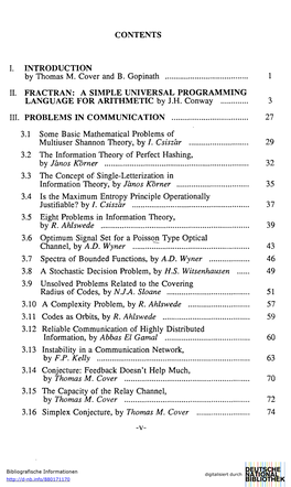 CONTENTS I. INTRODUCTION by Thomas M. Cover and B. Gopinath