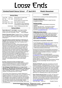 Elmfield Rudolf Steiner School 4 April 2012 Weekly Newssheet