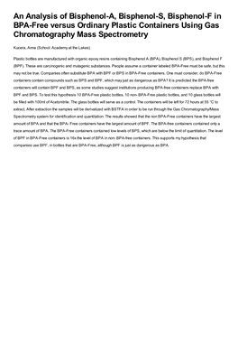 An Analysis of Bisphenol-A, Bisphenol-S, Bisphenol-F in BPA-Free Versus Ordinary Plastic Containers Using Gas Chromatography Mass Spectrometry