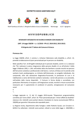 Avviso, Disponibile Presso Gli Uffici Di Servizio Sociale, Presso L’URP E Sui Siti Internet Dei Comuni Del Distretto Ag 7