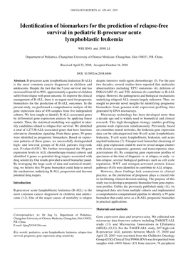 Identification of Biomarkers for the Prediction of Relapse‑Free Survival in Pediatric B‑Precursor Acute Lymphoblastic Leukemia