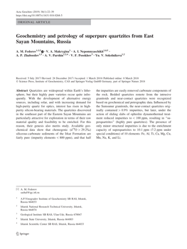Geochemistry and Petrology of Superpure Quartzites from East Sayan Mountains, Russia