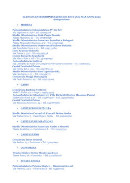 ELENCO CENTRI ODONTOIATRICI in RETE CON SMA ANNO 2020 -Integrazione