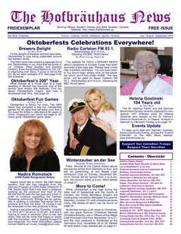 The Hofbräuhaus News Serving Ottawa, Eastern Ontario and West Quebec, Canada FREIEXEMPLAR Website: FREE ISSUE