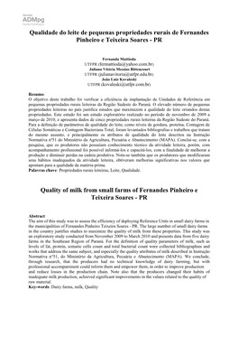 Qualidade Do Leite De Pequenas Propriedades Rurais De Fernandes Pinheiro E Teixeira Soares - PR