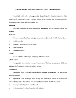 Structure and Functions of Insect Cuticle and Moulting