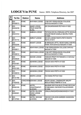 LODGE's in PUNE Source : BSNL Telephone Directory, Jan 2007