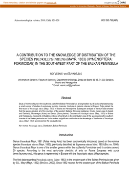 A Contribution to the Knowledge of Distribution of the Species Prenolepis Nitens (Mayr, 1853) (Hymenoptera: Formicidae) in the Southwest Part of the Balkan Peninsula