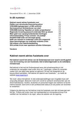 Kabinet Neemt Advies Fusietoets Over