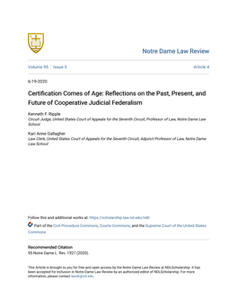 Certification Comes of Age: Reflections on Theast, P Present, and Future of Cooperative Judicial Federalism