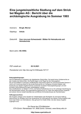 Eine Jungsteinzeitliche Siedlung Auf Dem Strick Bei Magden AG : Bericht Über Die Archäologische Ausgrabung Im Sommer 1993