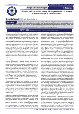 Changes and Continuities Among Mishing Community: a Study on Luhitmukh Village of Sonitpur District