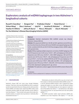 Exploratory Analysis of Mtdna Haplogroups in Two Alzheimer's