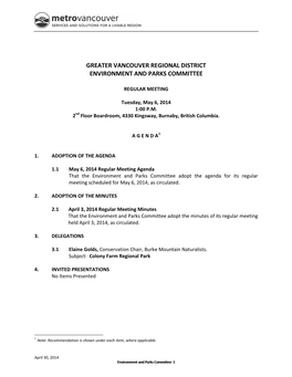 Environment and Parks Committee Agenda May 6, 2014