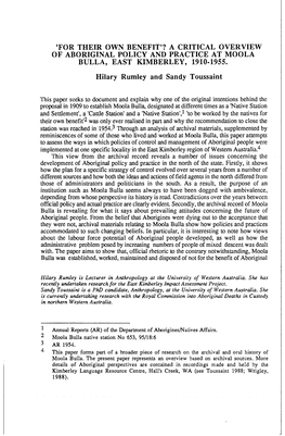 For Their Own Benefit'? a Critical Overview of Aboriginal Policy and Practice at Moola Bulla, East Kimberley, 1910-1955