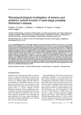 Neuropsychological Investigation of Anterior and Posterior Cortical Function in Early-Stage Probable Alzheimer's Disease