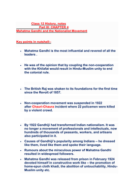 Class 12 History, Notes Part III: CHAPTER 4 Mahatma Gandhi and the Nationalist Movement Key Points in Nutshell