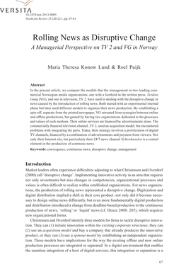 Rolling News As Disruptive Change a Managerial Perspective on TV 2 and VG in Norway