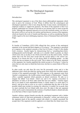 On the Ontological Argument Richmond Journal of Philosophy 3 (Spring 2003) Stephen Grant