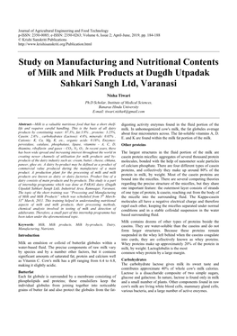 Study on Manufacturing and Nutritional Contents of Milk and Milk Products at Dugdh Utpadak Sahkari Sangh Ltd, Varanasi