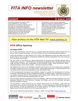 FITA INFO Newsletter INTERNATIONAL ARCHERY FEDERATION Avenue De Rhodanie 54 ● 1007 Lausanne, Suisse T