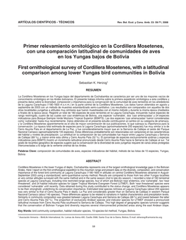 Primer Relevamiento Ornitológico En La Cordillera Mosetenes, Con Una Comparación Latitudinal De Comunidades De Aves En Los Yungas Bajos De Bolivia