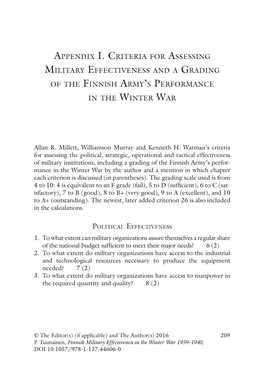 Appendix I. Criteria for Assessing Military Effectiveness and a Grading of the Finnish Army’S Performance in the Winter War