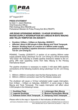 Jkr Road Upgrading Works: 12-Hour Scheduled Water Supply Interruption in 6 Areas in Batu Maung and Teluk Tempoyak on 26/8/2017