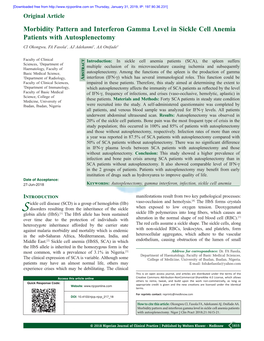 Morbidity Pattern and Interferon Gamma Level in Sickle Cell Anemia Patients with Autosplenectomy CI Okongwu, FA Fasola1, AJ Adekanmi2, AA Onifade3