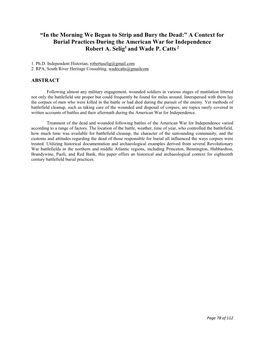 “In the Morning We Began to Strip and Bury the Dead:” a Context for Burial Practices During the American War for Independence Robert A