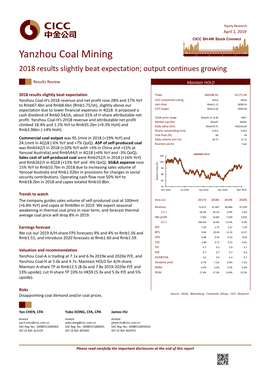 Yanzhou Coal Mining 2018 Results Slightly Beat Expectation; Output Continues Growing