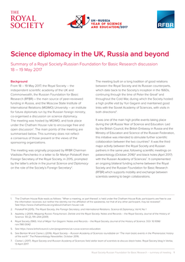 Science Diplomacy in the UK, Russia and Beyond Summary of a Royal Society-Russian Foundation for Basic Research Discussion 18 – 19 May 2017