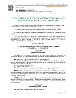 Ley Que Regula La Celebración De Espectáculos Taurinos En El Estado De Tamaulipas