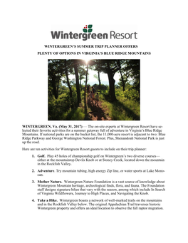 Wintergreen's Summer Trip Planner Offers Plenty of Options