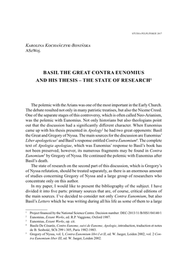 Basil the Great Contra Eunomius and His Thesis – the State of Research1