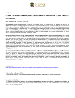 Costa Croisieres Announces Delivery of Its New Ship Costa Firenze