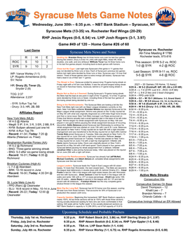 June 30Th Syracuse Mets Game Notes Vs. Rochester Red Wings