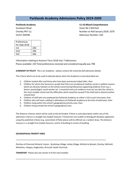 Parklands Academy Admissions Policy 2019-2020