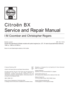 Citroën BX Service and Repair Manual I M Coomber and Christopher Rogers