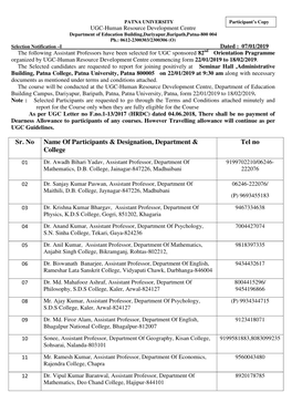 Sr. No Name of Participants & Designation, Department & College